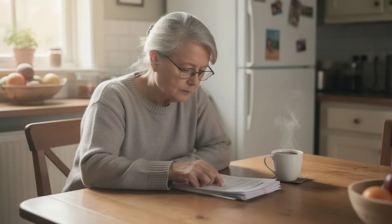 An older adult is sitting at a kitchen table, reviewing paperwork related to their Medicare coverage, with a cup of coffee nearby. The scene reflects the importance of understanding health care costs and benefits, such as Medicare Advantage plans and prescription drug coverage.
