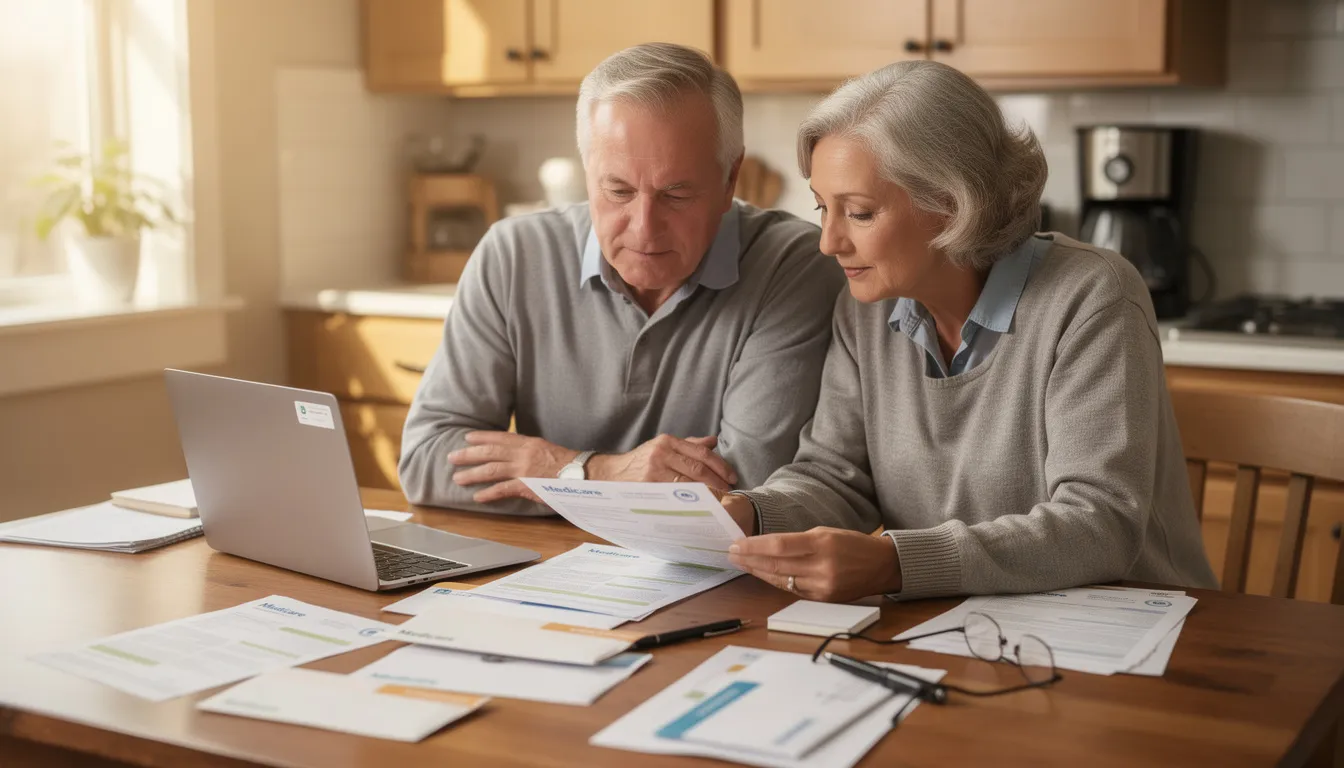 An older couple is seated at their kitchen table, intently reviewing Medicare documents, which include details about their Medicare coverage, monthly premiums, and the costs associated with skilled nursing facilities. The scene reflects their effort to understand the benefits and adjustments related to their healthcare plans.