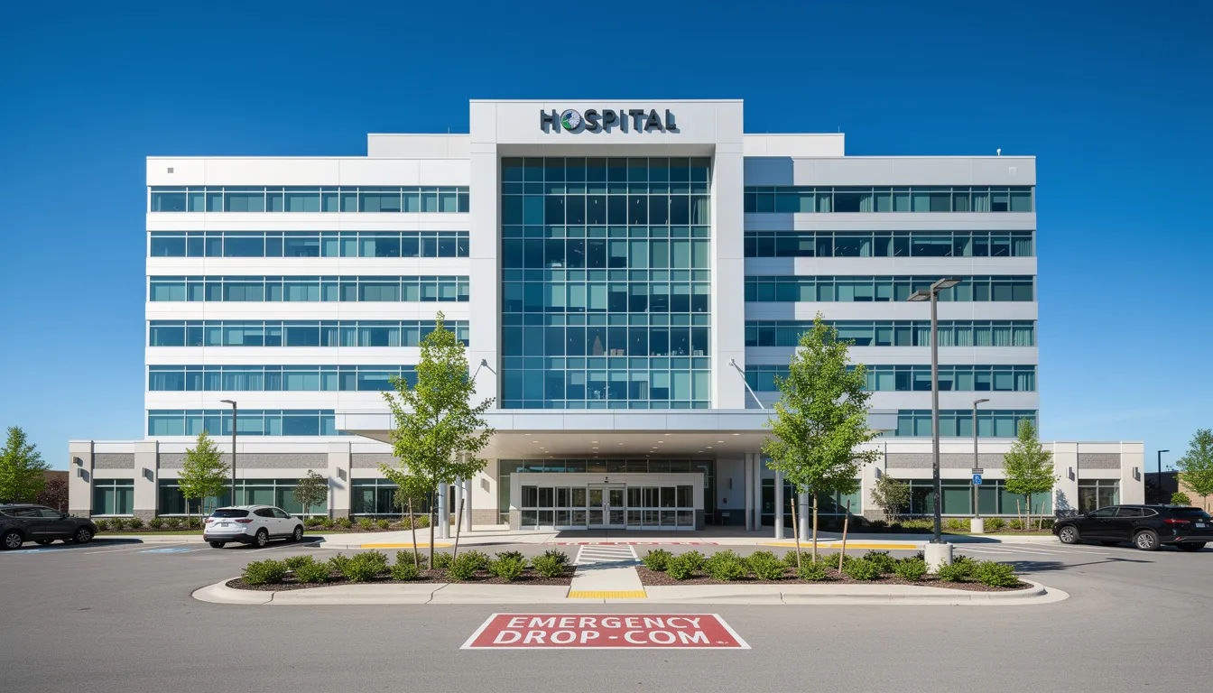 The image shows the exterior of a modern hospital building under a clear blue sky, symbolizing healthcare accessibility. This facility may offer various services covered by Medicare, including inpatient hospital care and skilled nursing facilities, ensuring that Medicare beneficiaries receive necessary medical attention.
