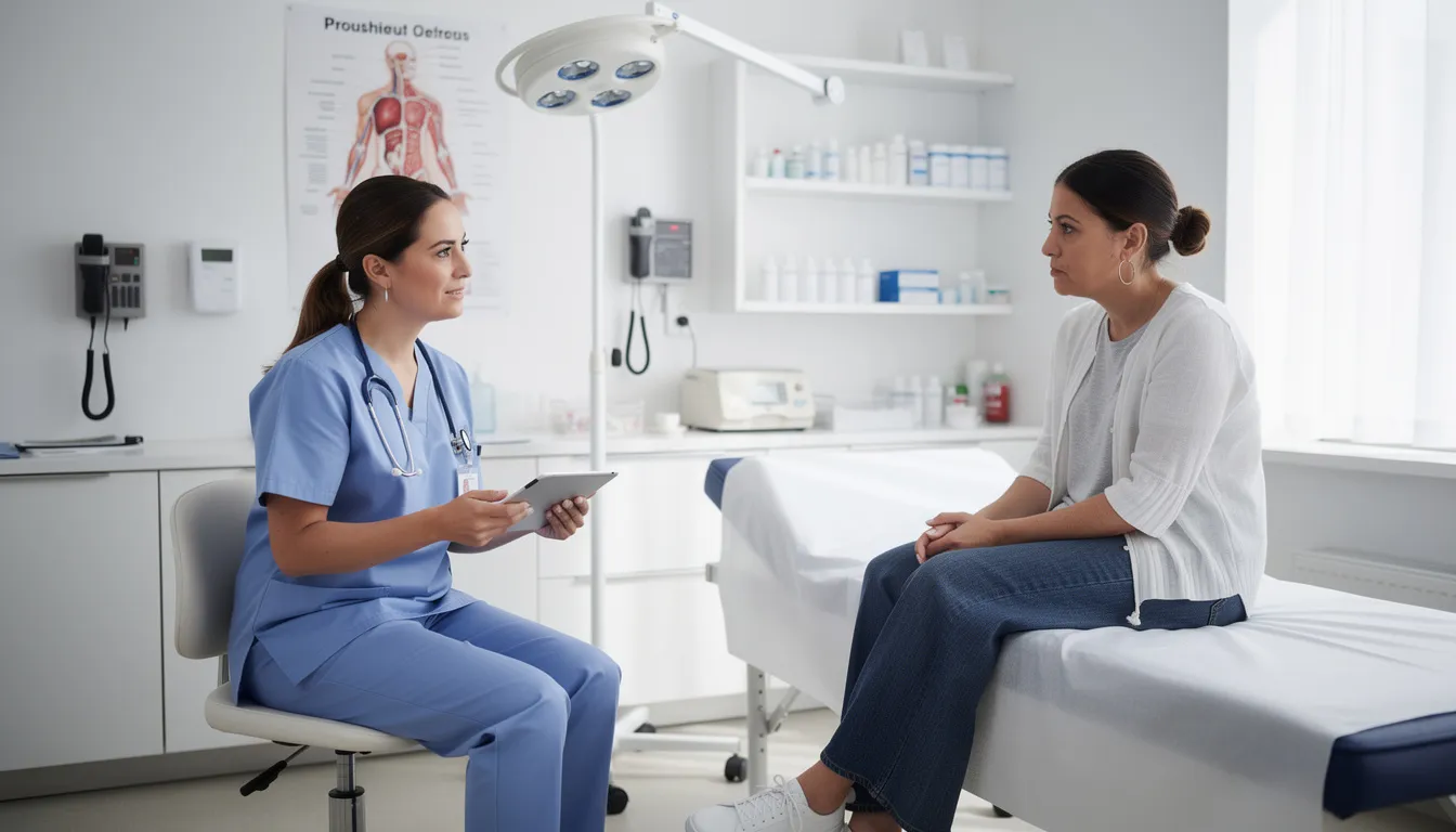 A healthcare provider is consulting with a patient in an examination room, discussing important aspects of their medical insurance and Medicare coverage options. The conversation likely includes details about costs, such as monthly premiums and deductibles, which are crucial for Medicare beneficiaries managing their healthcare expenses.