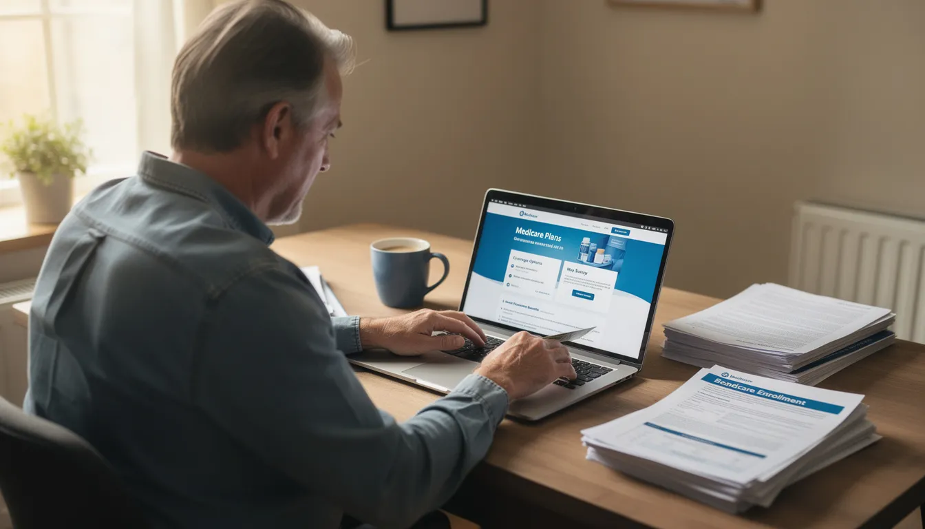 A person is seated at a home desk, intently reviewing Medicare information on their laptop, which includes details about Medicare coverage, monthly premiums, and the impact of modified adjusted gross income on costs. The setting suggests a focus on understanding the various aspects of the Medicare program, including parts A, B, and D, as well as potential adjustments related to income.