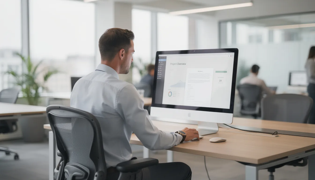 A professional worker is seated at a desk in a modern office, focused on their computer screen while reviewing documents related to health insurance coverage. The setting suggests a corporate environment where discussions about employer coverage and Medicare benefits may be taking place.