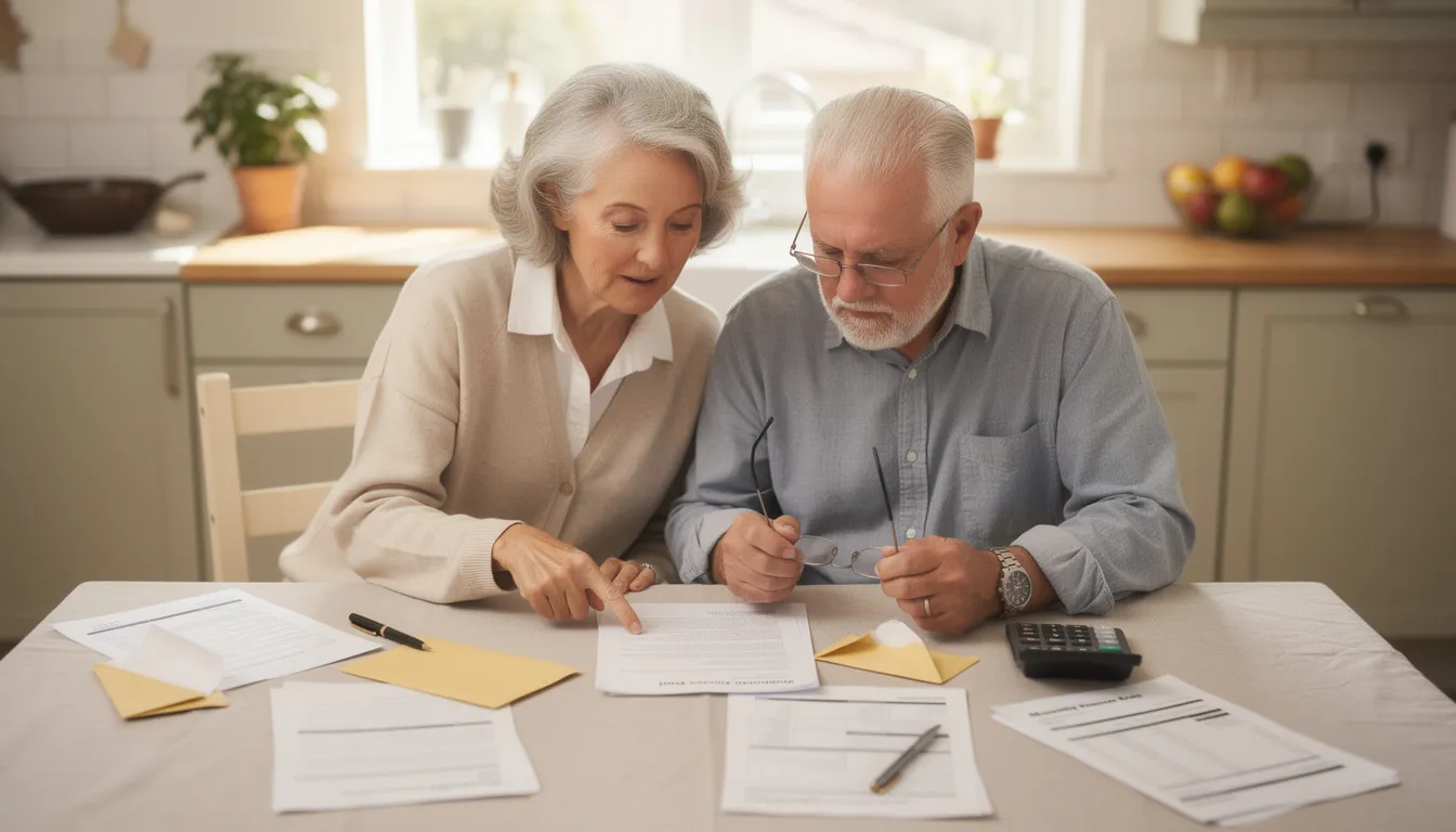 An elderly couple is seated at a kitchen table, closely examining paperwork related to their medical insurance options, including Medicare coverage details. They appear engaged in a discussion about their healthcare services and costs, likely reviewing information about Medicare Advantage plans and out-of-pocket expenses.