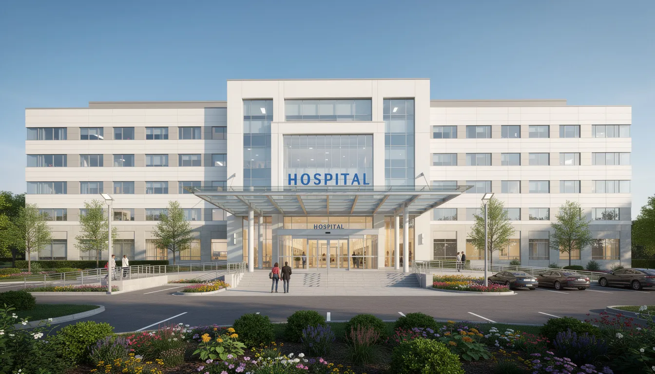 The image depicts a modern hospital building with a welcoming entrance, designed to provide a comfortable atmosphere for patients seeking medical services. This facility represents a key aspect of health care, where individuals can access various Medicare coverage options, including inpatient and outpatient care.