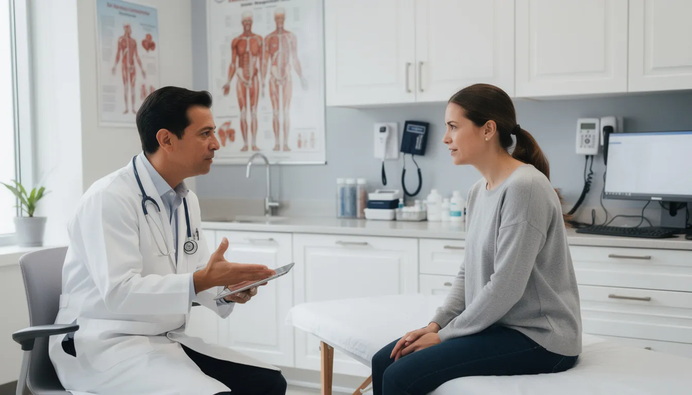 The image shows a doctor in a white coat engaged in a consultation with a patient in an examination room, discussing medical services and health care options, which may include details about Medicare coverage and benefits. The setting emphasizes the importance of doctor visits for preventive care and managing health care costs.