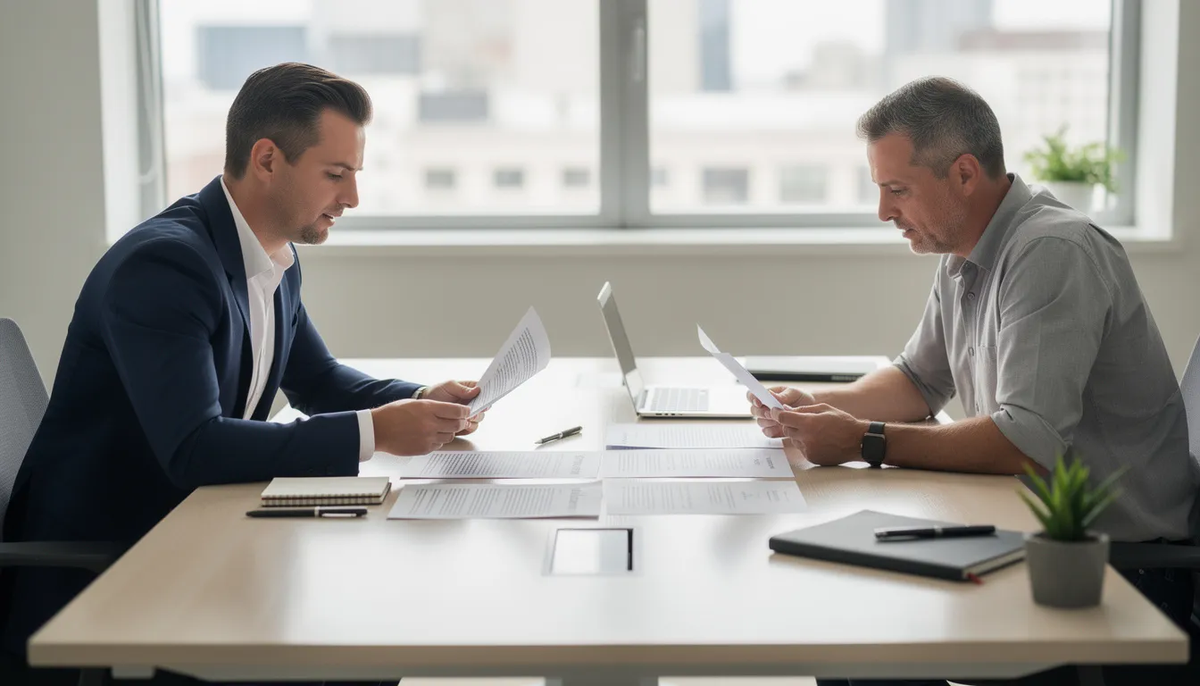 Two individuals are seated at a desk, reviewing and comparing documents related to health insurance options, possibly discussing Medicare coverage and benefits, including Medicare Advantage plans and prescription drug coverage. The scene suggests a focus on understanding health care costs and the services covered under various Medicare plans.