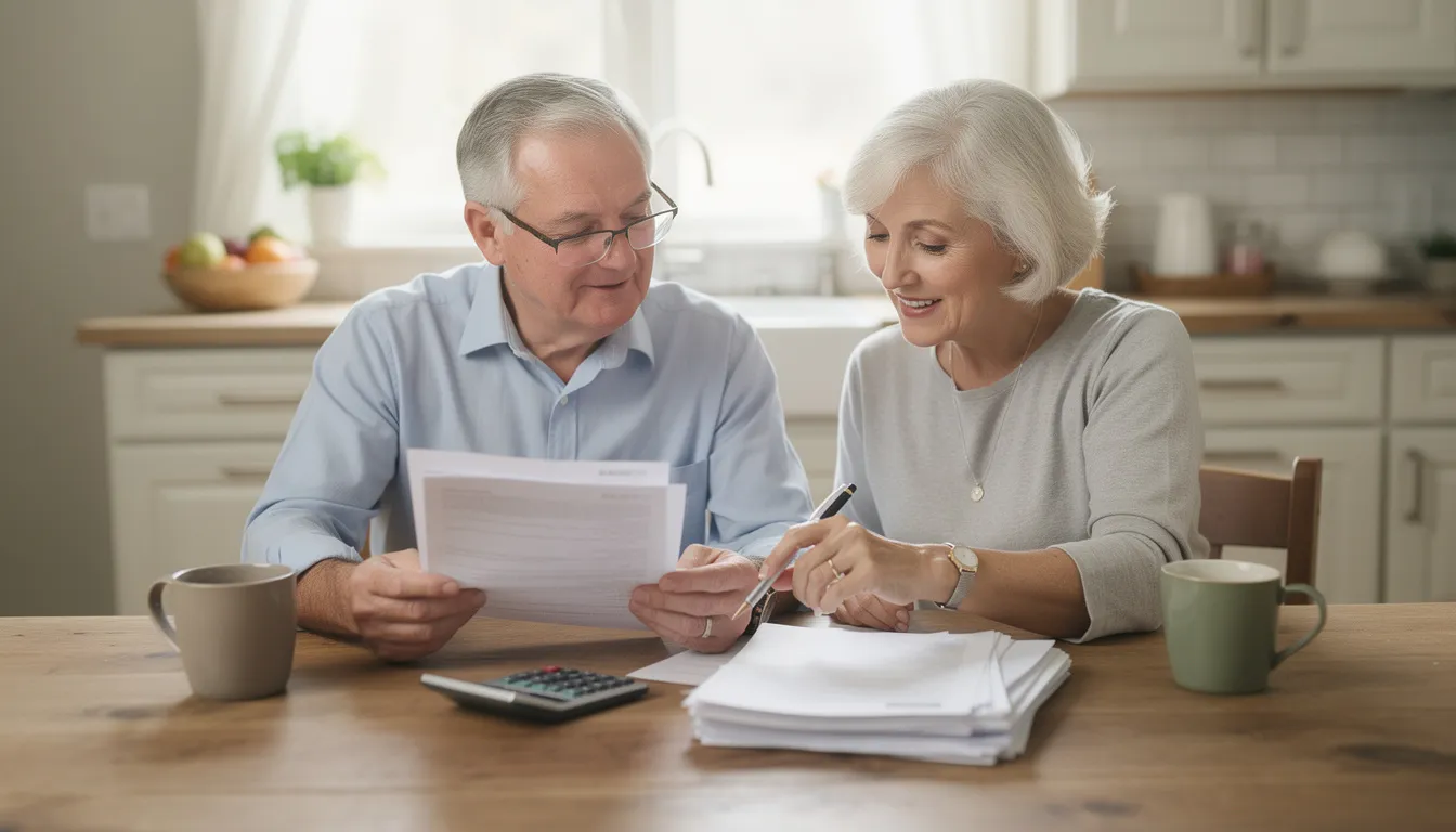 An elderly couple is sitting at a kitchen table, closely reviewing paperwork related to their healthcare options, possibly discussing their Medicare Advantage plan and its benefits. The warm, inviting atmosphere suggests they are working together to understand their medical insurance choices and prescription drug coverage.