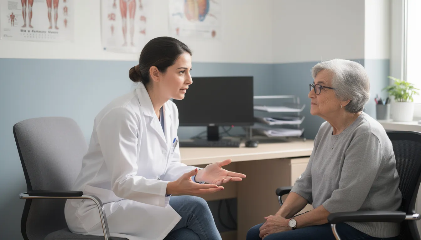 A healthcare professional in a white coat is engaged in a conversation with an older patient in a medical office, discussing options related to their health plan, which may include details about their Medicare Advantage plan and coverage benefits. The setting reflects a supportive environment for Medicare beneficiaries receiving personalized care and information.
