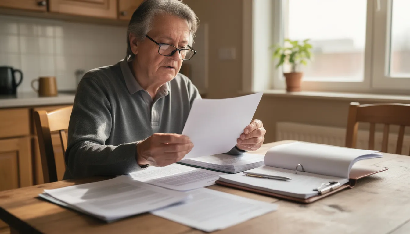A senior person is seated at a kitchen table, wearing reading glasses and reviewing paperwork related to their prescription drug coverage. The scene suggests they are examining details about Medicare Part D plans and the costs associated with their prescription drugs.