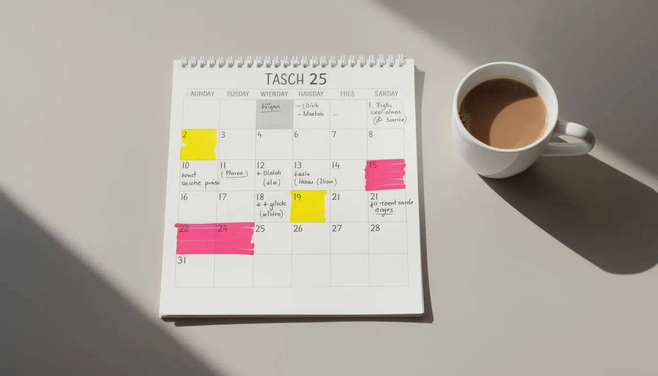 The image features a calendar with several dates highlighted, indicating important reminders, alongside a coffee cup, suggesting a moment of planning or organization. This scene reflects the importance of keeping track of prescription drug coverage and costs for Medicare beneficiaries.