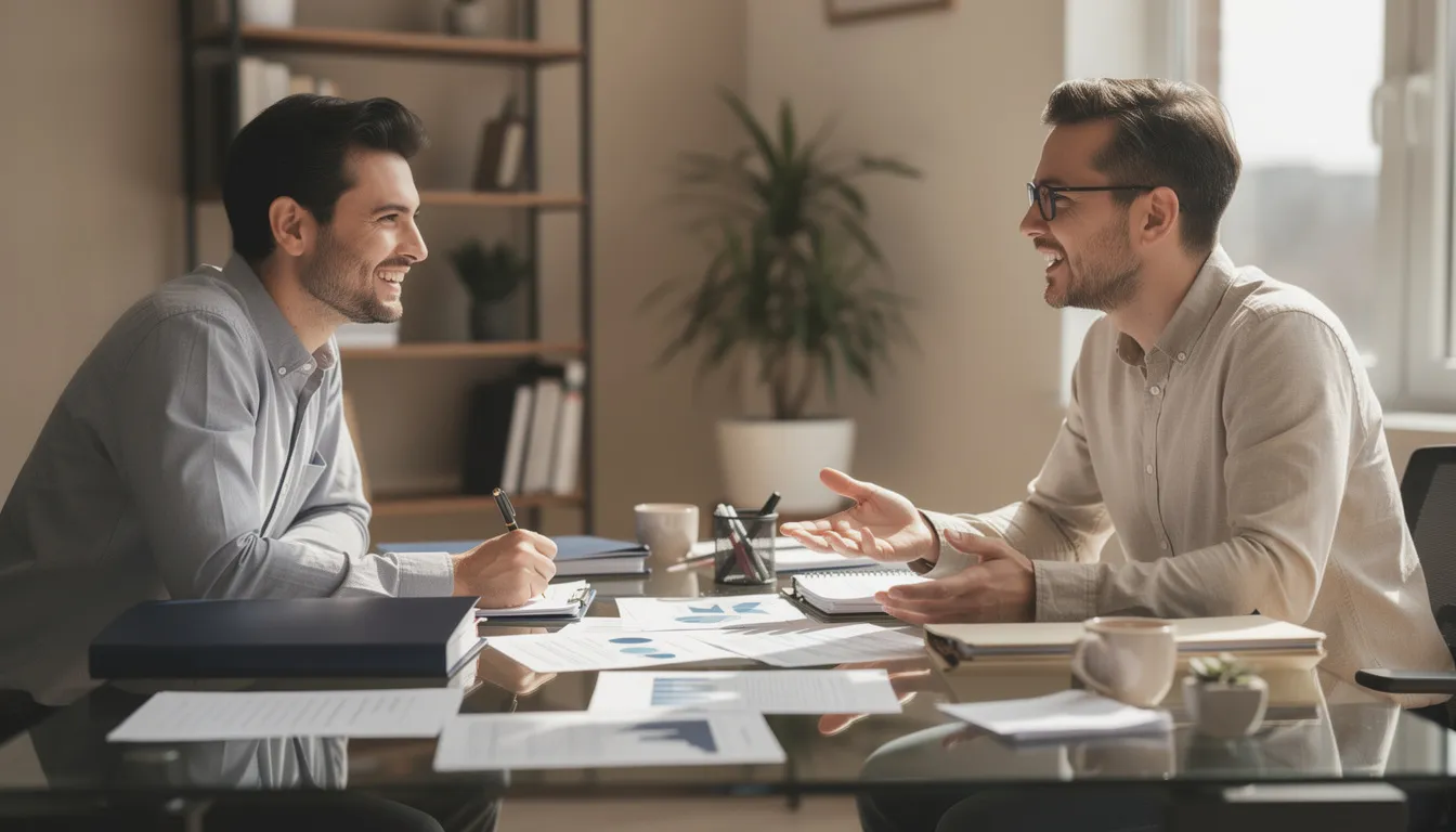 The image shows two individuals engaged in a friendly conversation at a desk covered with documents, likely discussing prescription drug coverage options and costs associated with Medicare Part D plans. Their interaction suggests a collaborative effort to navigate the complexities of drug expenses and benefits for Medicare beneficiaries.