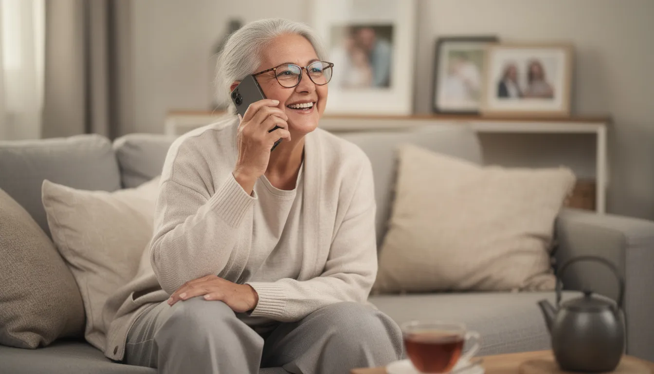 The image depicts a senior smiling while engaged in a friendly phone conversation, suggesting a positive interaction about their Medicare Part D plan and prescription drug coverage. This scene conveys a sense of comfort and support in discussing drug costs and options available to Medicare beneficiaries.