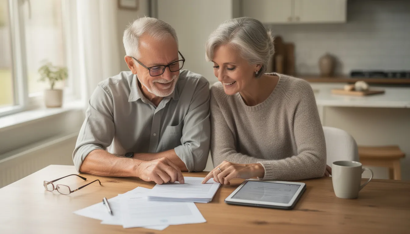 A friendly senior couple sits at their kitchen table, reviewing healthcare documents related to their Medicare supplement insurance plans. They appear engaged and focused, discussing details about coverage options, out-of-pocket costs, and the benefits of various Medicare Advantage plans.