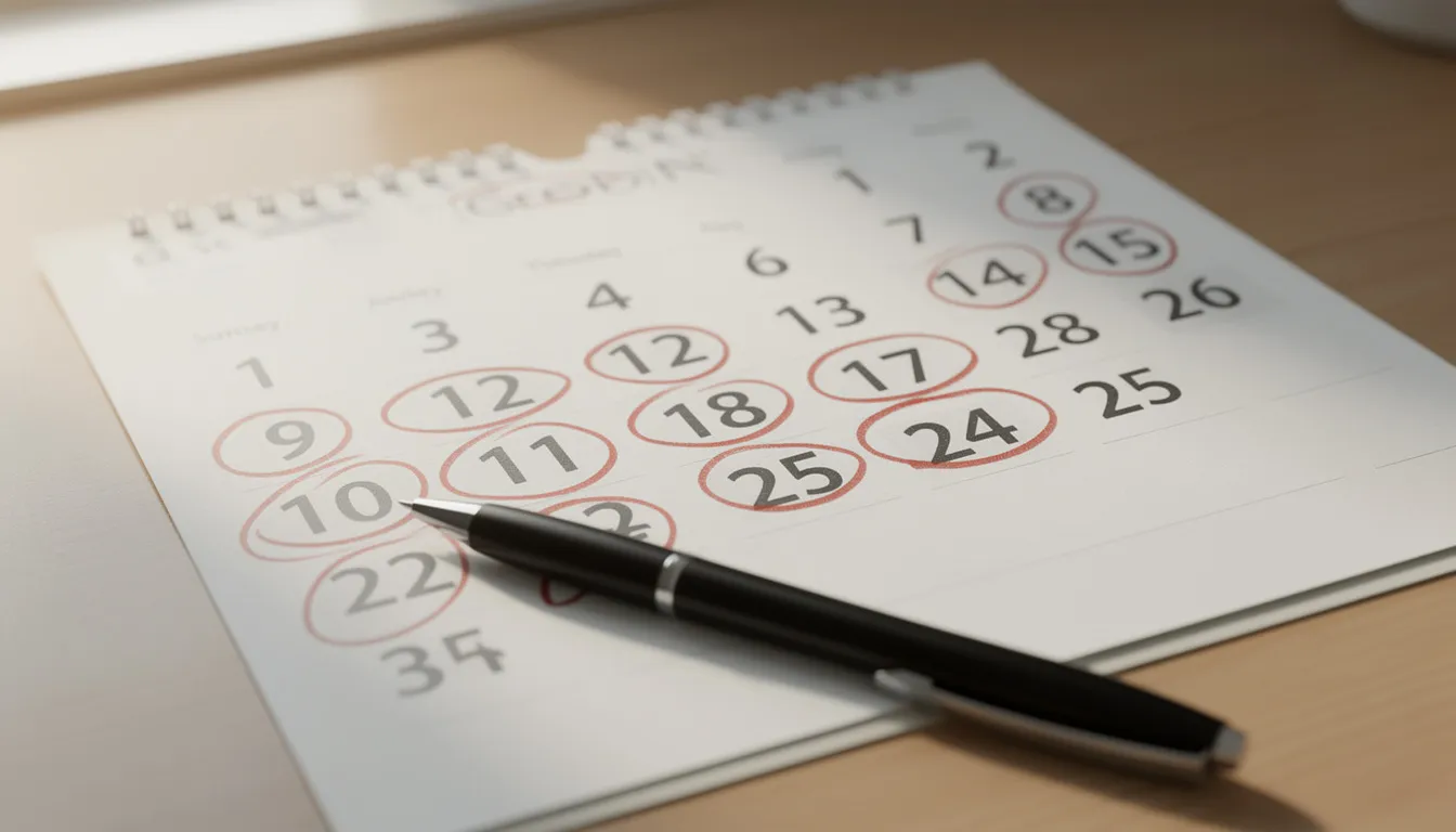 A calendar is displayed with several important dates circled, indicating reminders for health care coverage events, while a pen rests on top, suggesting the need for planning regarding Medicare benefits and potential enrollment in a Medicare Advantage plan.