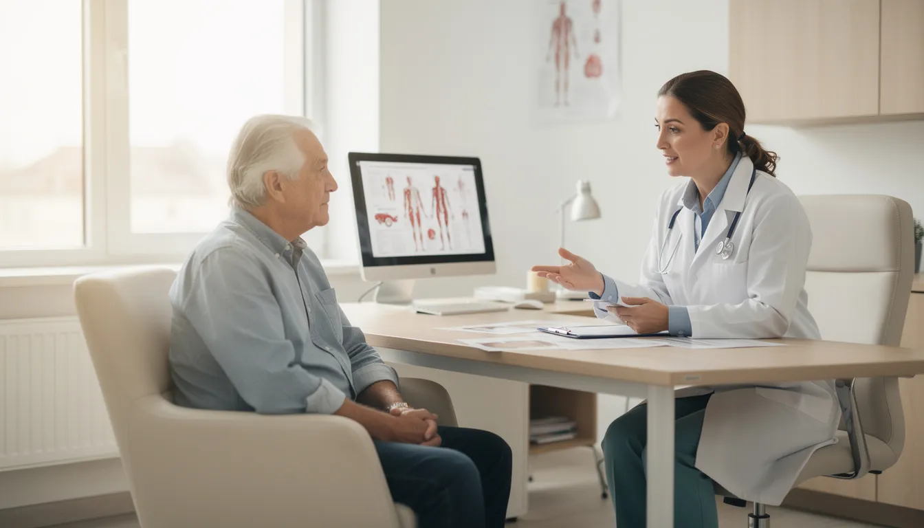 A doctor is consulting with a senior patient in a bright medical office, discussing options related to Medicare supplement insurance and the benefits of various plans. The setting conveys a sense of care and professionalism, emphasizing the importance of understanding coverage for medical services and prescriptions.