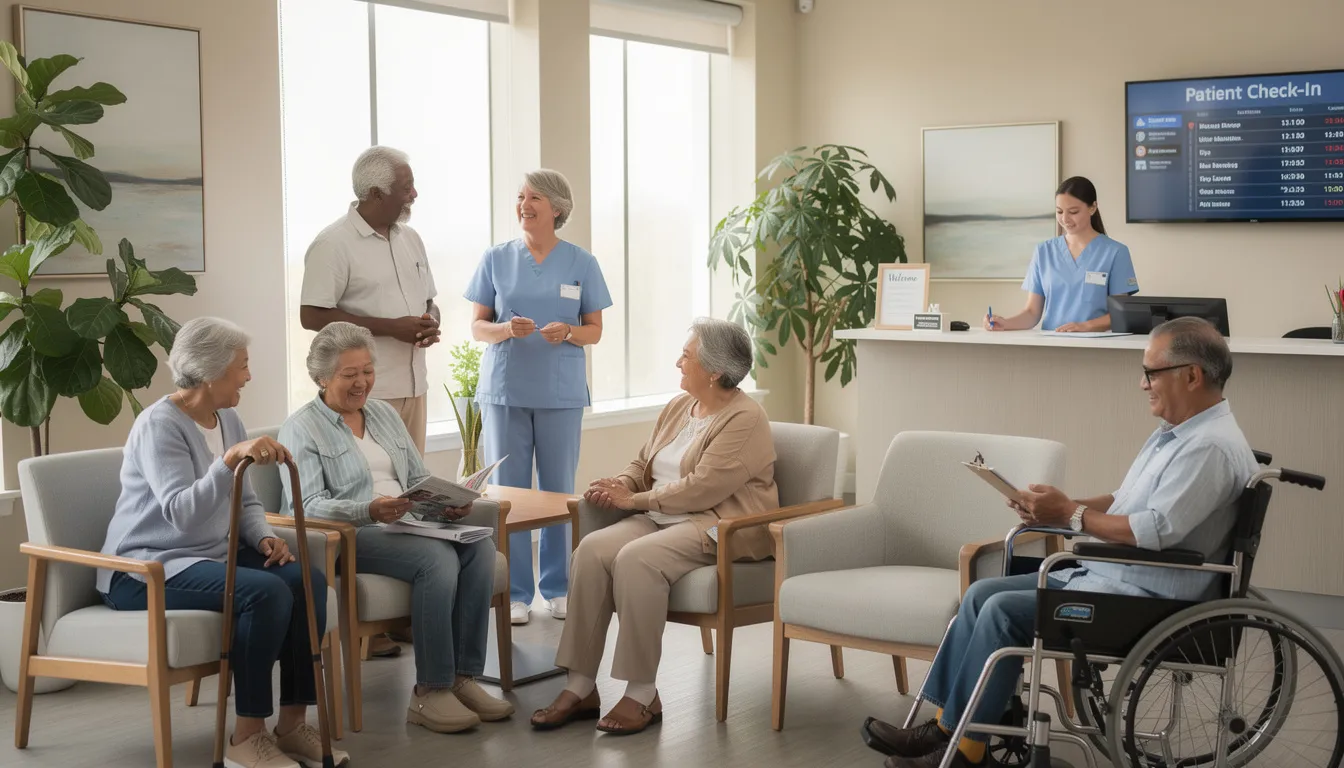 The image depicts a welcoming healthcare setting with a diverse group of seniors sitting together in a waiting room, showcasing an inclusive atmosphere. This environment reflects the importance of access to Medicare benefits and health coverage for older adults, including those eligible for Medicare due to disability or age.