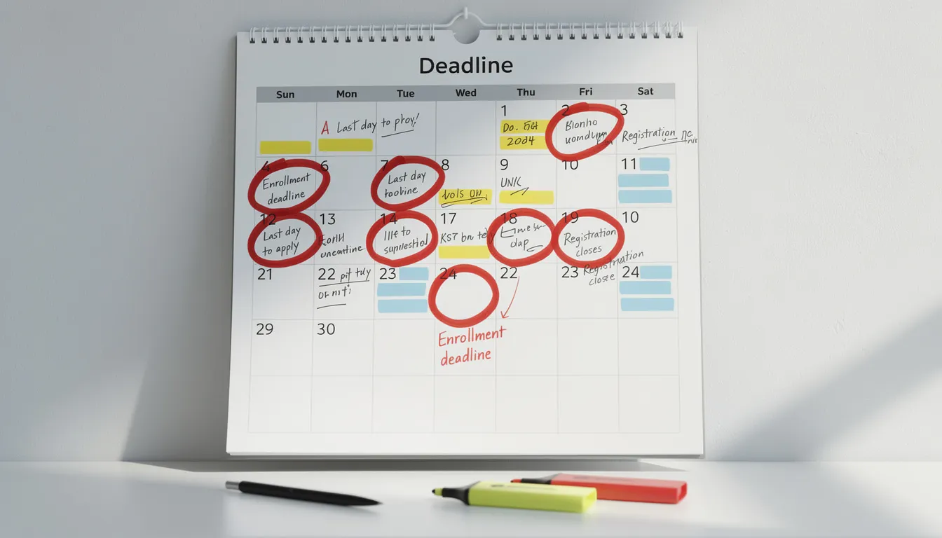 The image shows a calendar with several important dates highlighted, representing enrollment deadlines for Medicare plans, including the initial enrollment period and general enrollment period. This visual serves as a reminder for individuals eligible for Medicare to keep track of key dates for their health coverage and benefits.