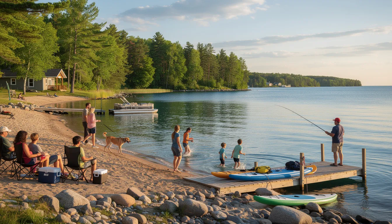 The image depicts a scenic Michigan lakefront where people are enjoying various outdoor activities, such as picnicking and swimming, surrounded by lush greenery and clear blue skies. This vibrant scene captures the essence of leisure in nature, inviting viewers to appreciate the beauty and tranquility of Michigan's landscapes.