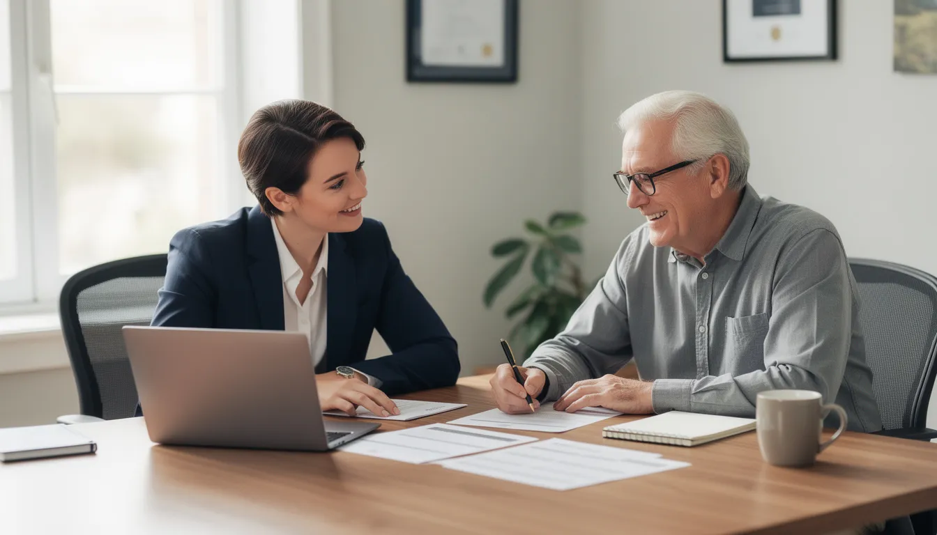 A friendly professional is seated at a desk with an older adult, collaboratively reviewing paperwork related to Medicare eligibility and benefits. They appear engaged and supportive, discussing important topics such as Medicare coverage and enrollment periods.