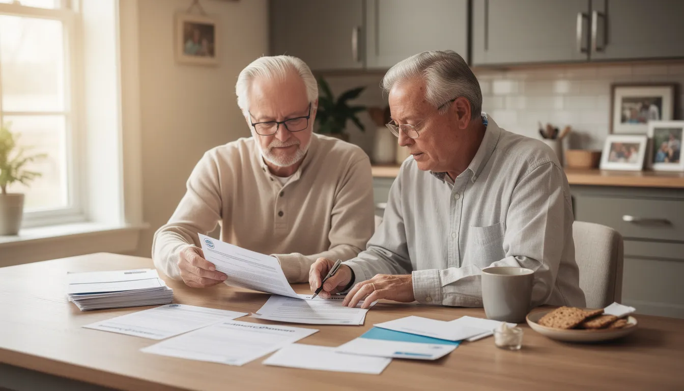 A senior couple is seated at their kitchen table, reviewing Medicare paperwork together. They are discussing their options for health insurance, including details about Medicare Advantage plans and enrollment periods.