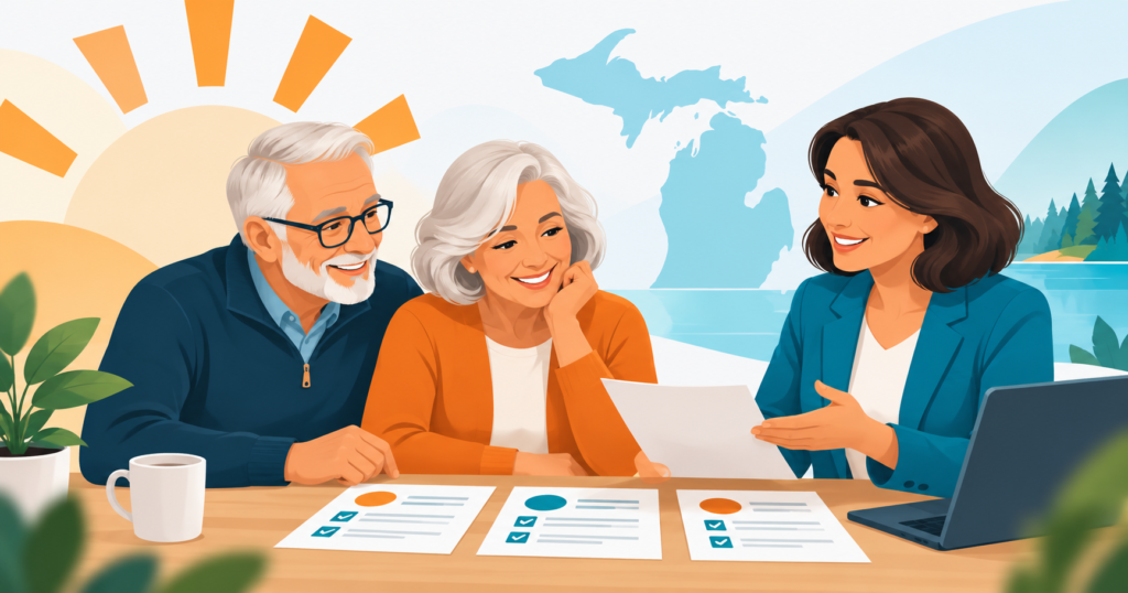 Michigan Medicare beneficiaries reviewing 2027 coverage with a licensed agent during AEP 2026.
